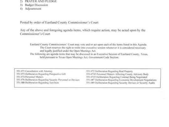 Eastland County Commissioners Special Meeting Thursday, August 7