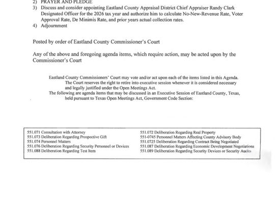 Eastland County Commissioners Special Meeting Thursday, July 30, 9 AM