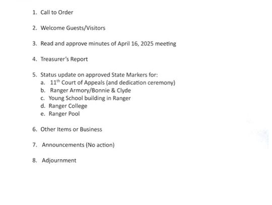 Eastland County Historical Commission to Meet Wed., Aug. 20 at 6 p.m.