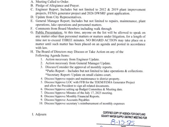 Eastland County Water Supply District Meeting Thurs., Aug. 21 at 6 pm