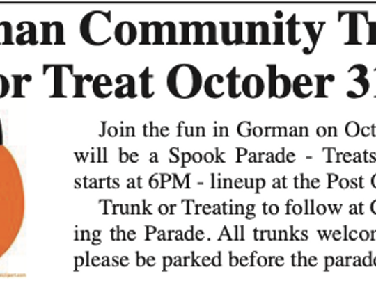 Gorman Trick or Treat Oct. 31 