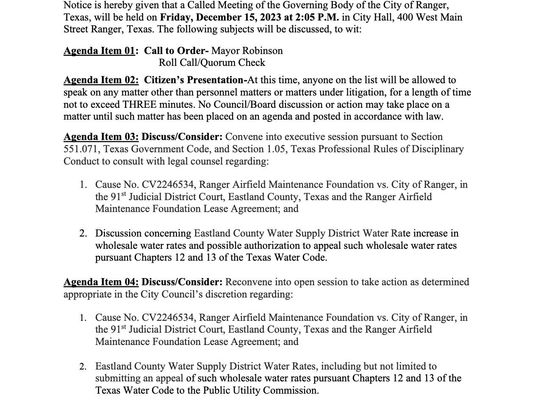 Ranger City Meeting Friday, Dec. 15 at 2:05 p.m. 