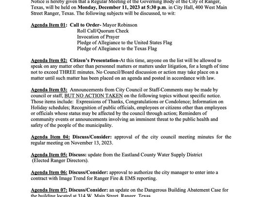 Ranger City Meeting Mon., Dec. 11 at 5:30 p.m. 