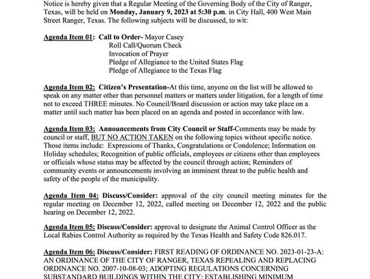  Ranger Regular City Meeting Mon., Jan. 9 at 5:30 p.m. 