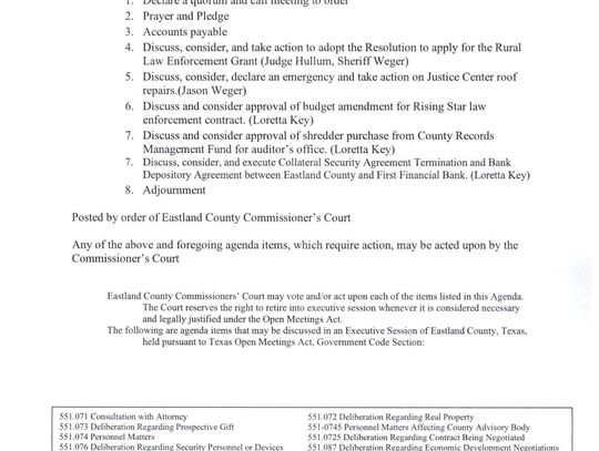 Special Called Meeting Eastland Co. Commissioners Court Feb. 5