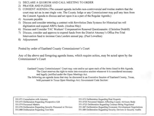 Special Eastland County Commissioners Meeting October 5