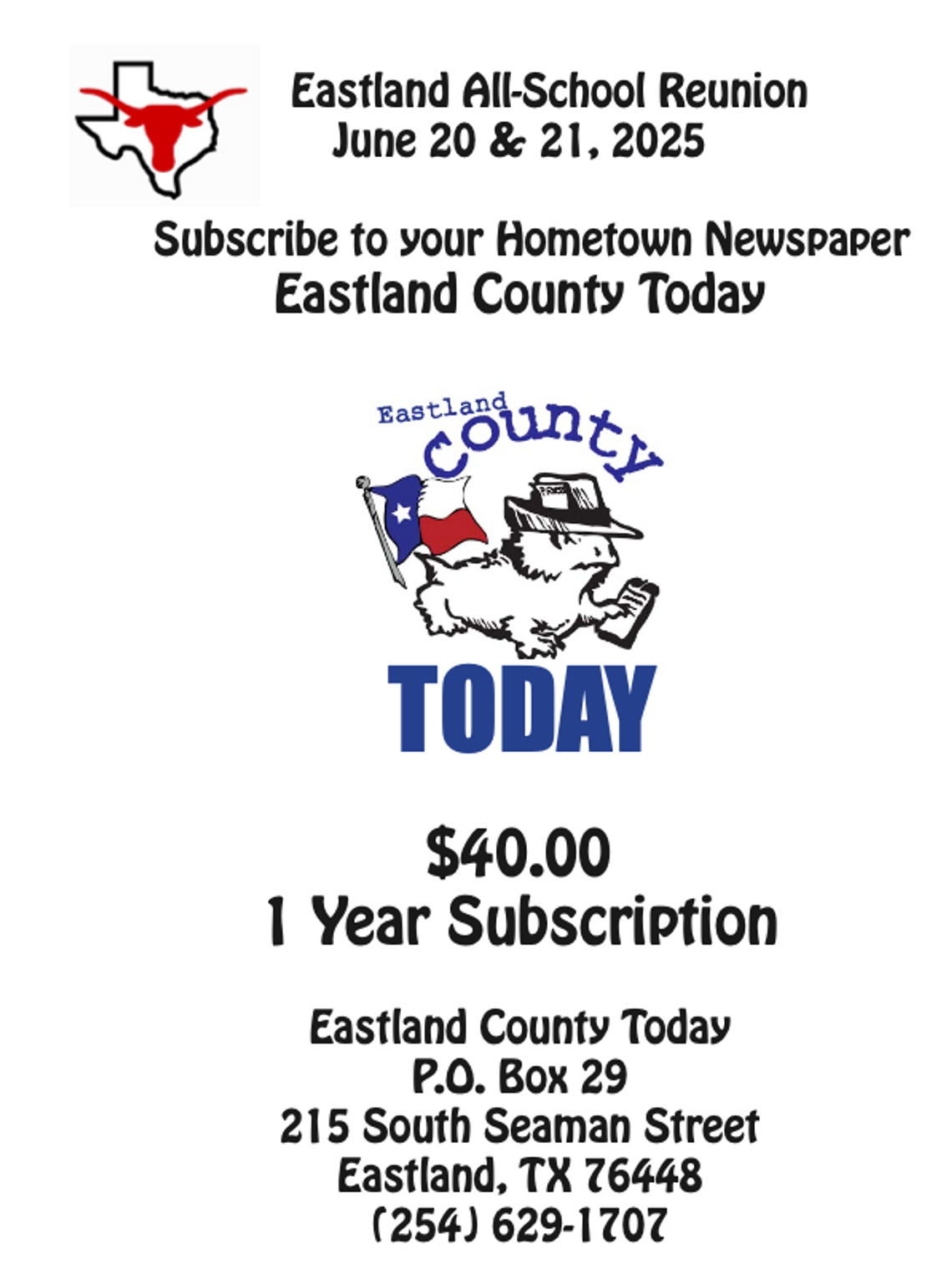 All School Reunion Eastland County Today Subscription Special