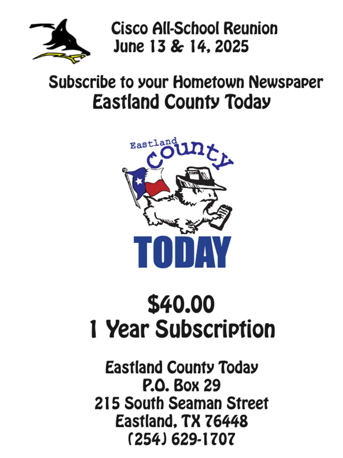 All School Reunion  Eastland County Today Subscription Special