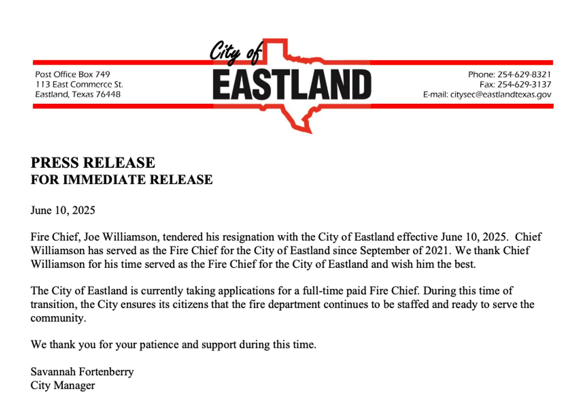 City of Eastland Press Release