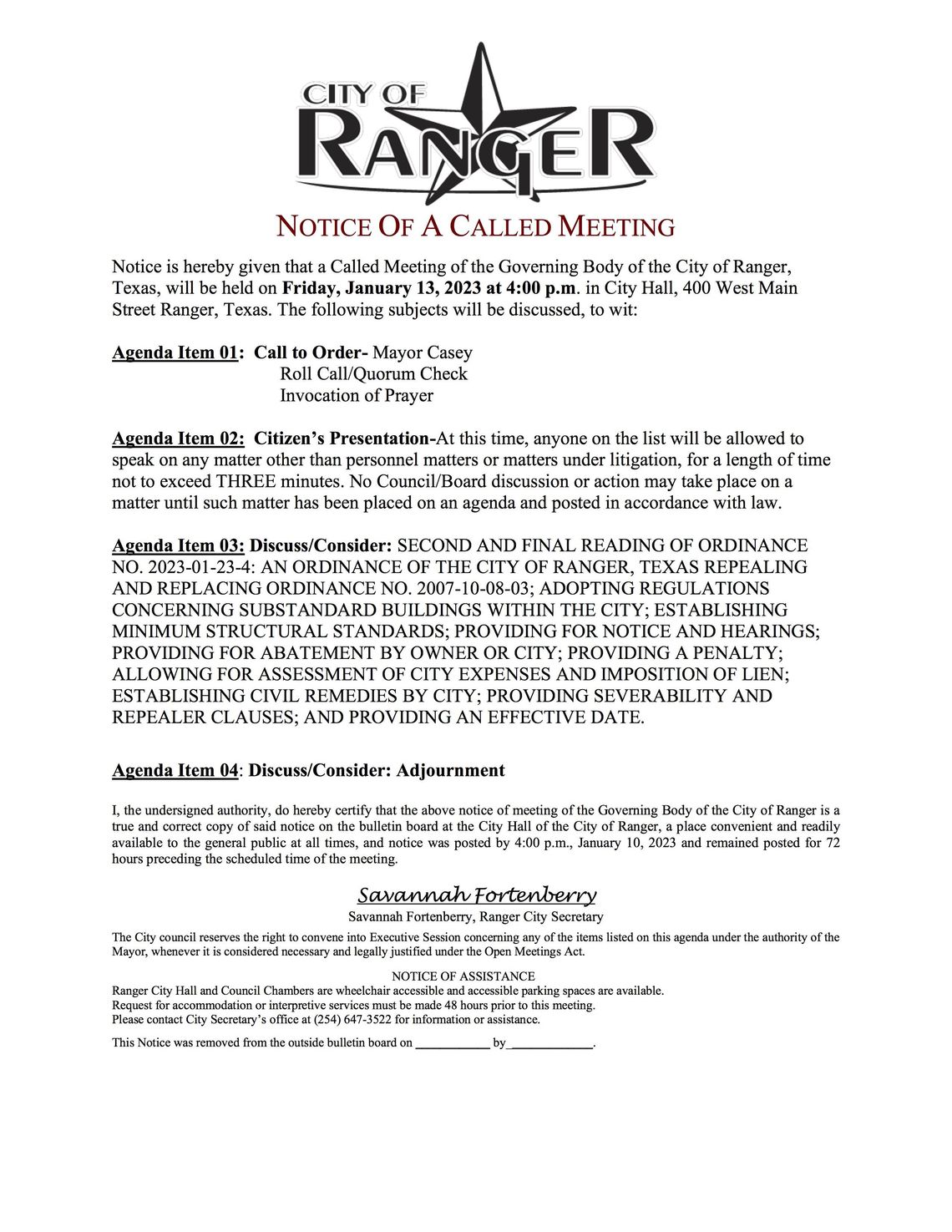 City of Ranger Called Meeting Friday, Jan. 13 at 4 pm 