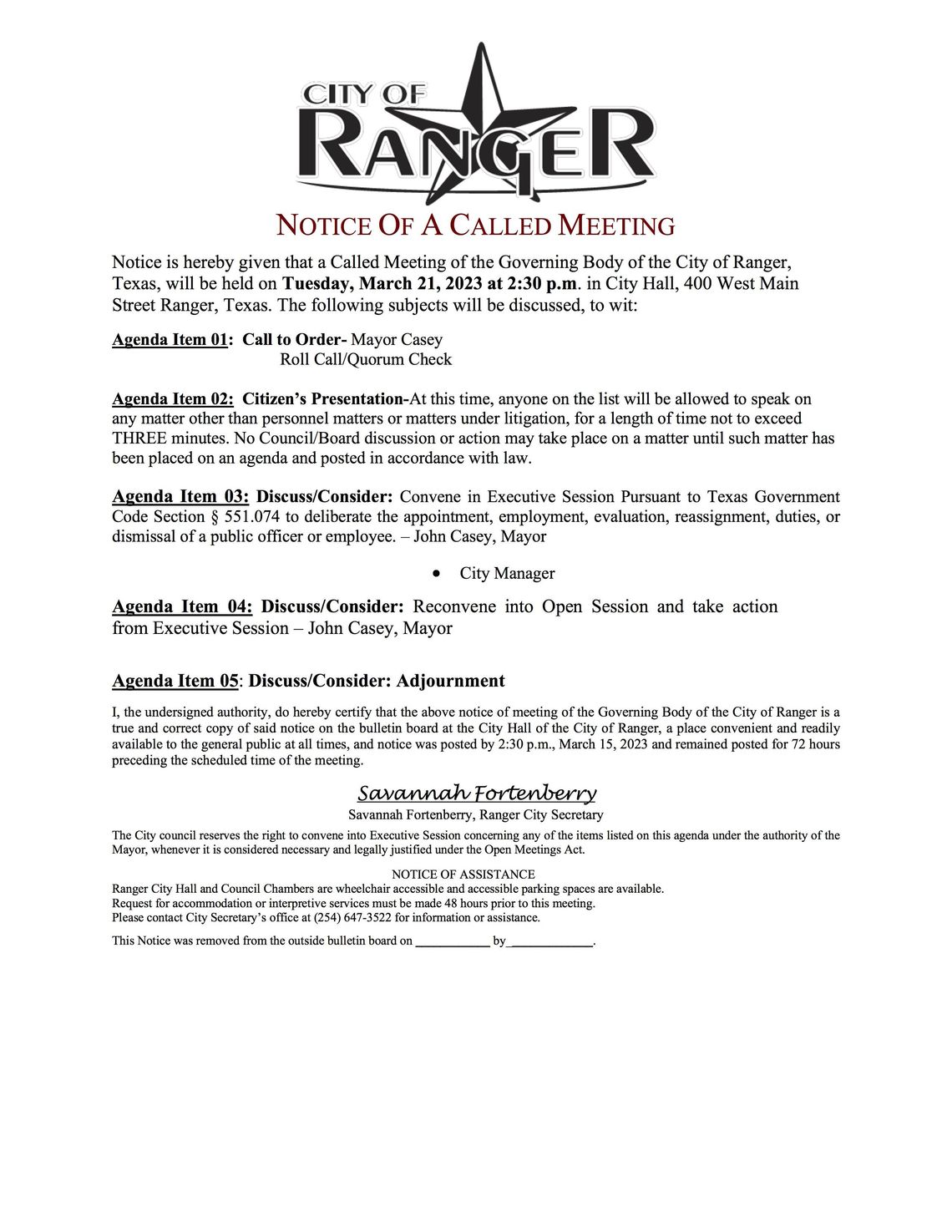 City of Ranger Called  Meeting Tues., March 21 at 2:30 p.m. 