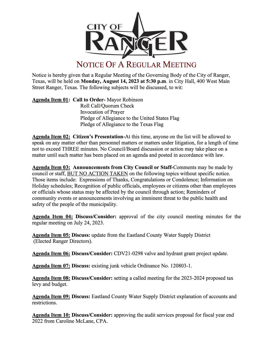 City of Ranger Meeting Mon. Aug. 14 at 5:30 p.m. 