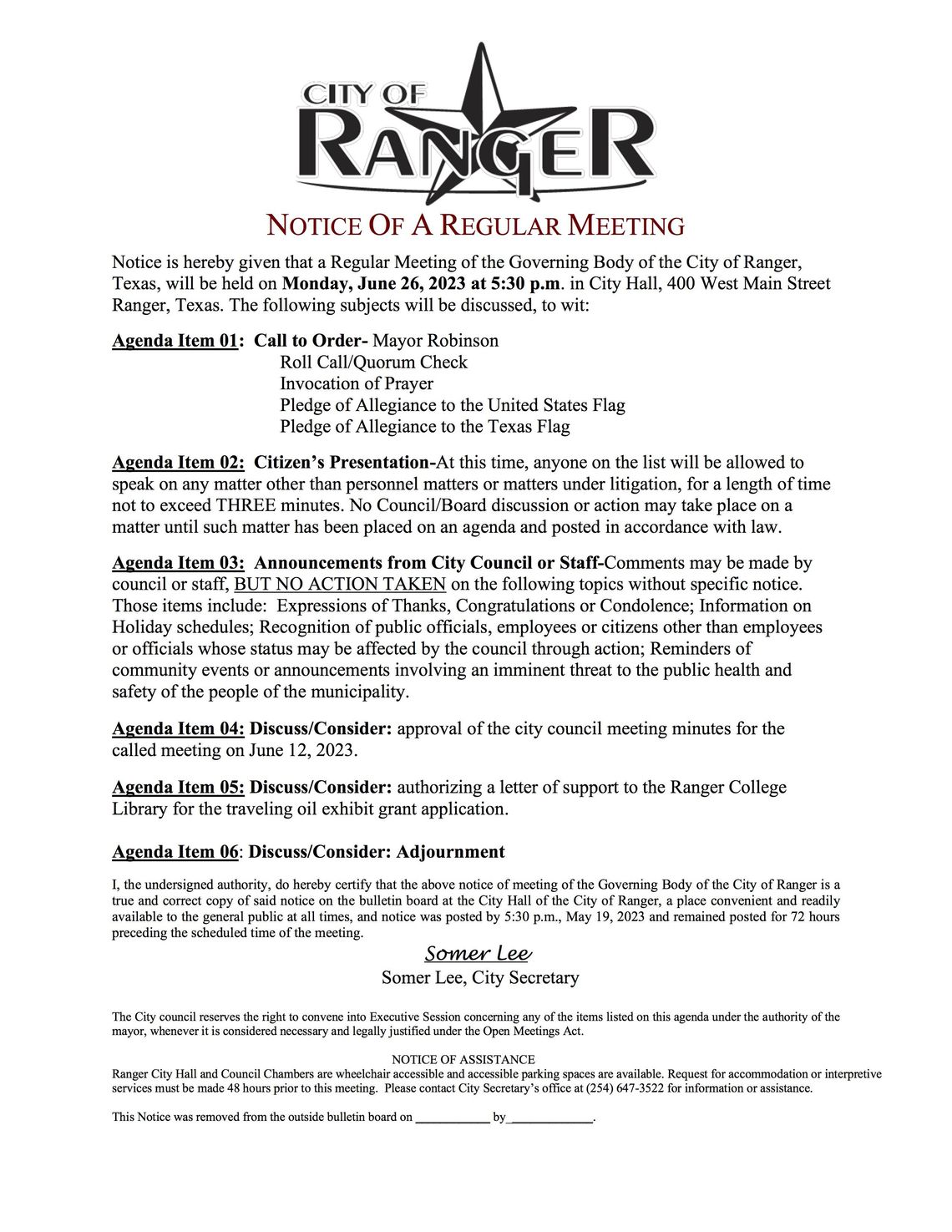 City of Ranger Meeting Mon., June 26, 5:30 p.m. 