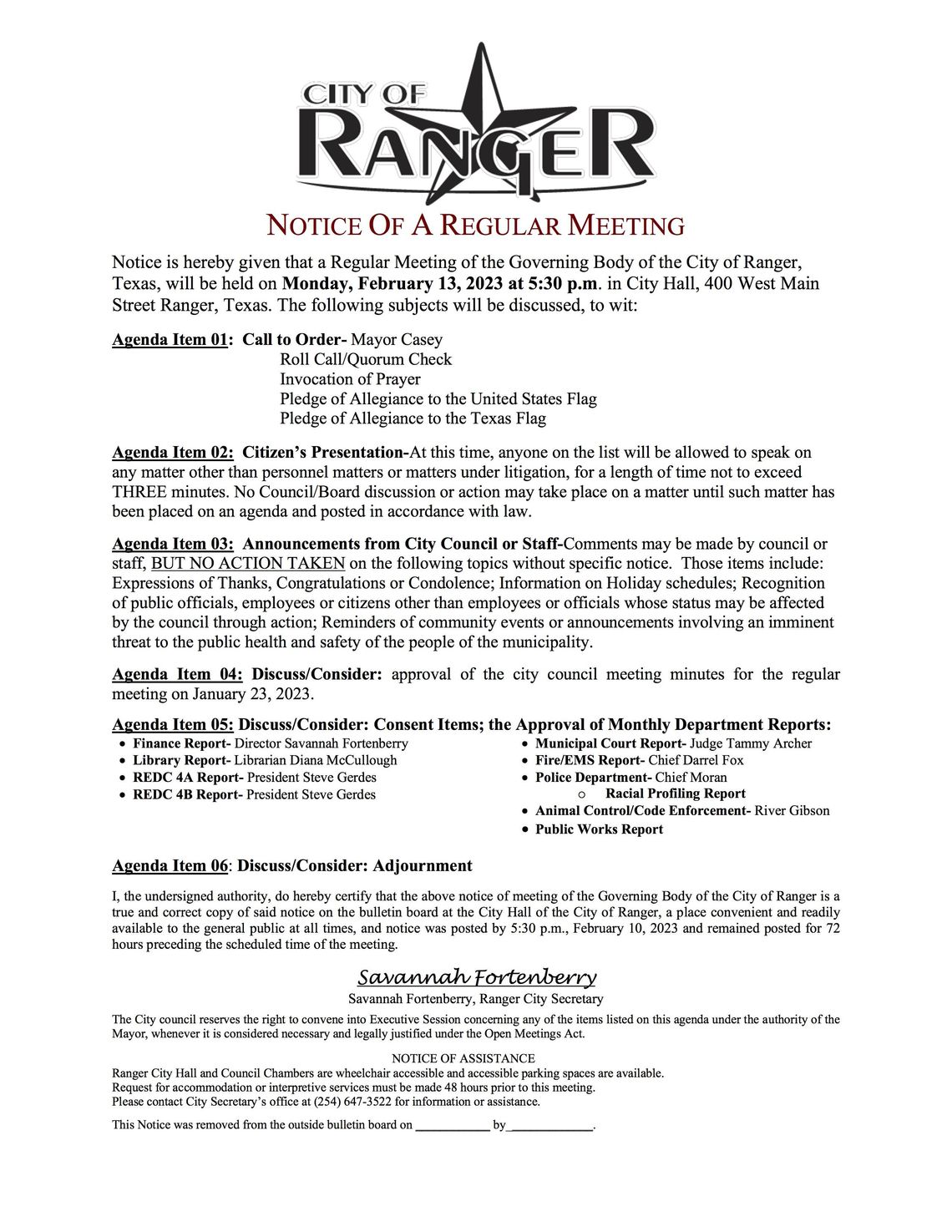 City of Ranger Meeting Monday, Feb. 13 at 5:30 p.m. 