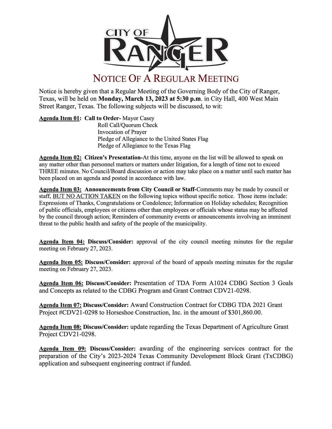 City of Ranger Meeting Monday, March 13 at 5:30 p.m. 