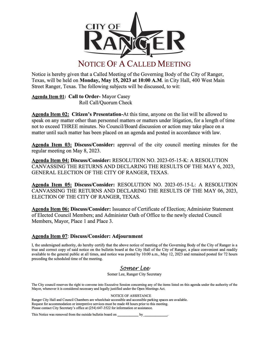 City of Ranger Meeting Monday, May 15 at 10 AM 