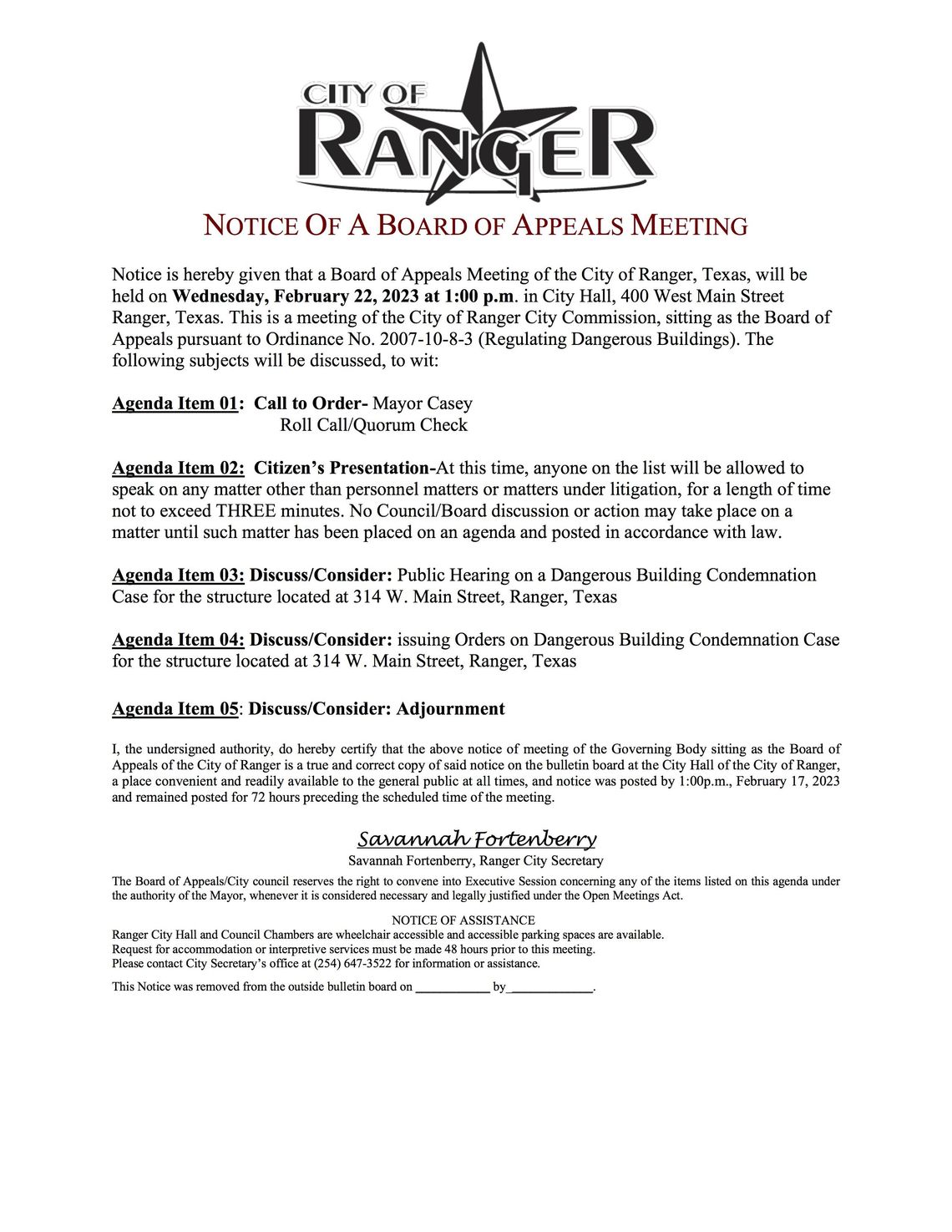 City of Ranger Meeting Wed., Feb. 22 at 1 p.m. 