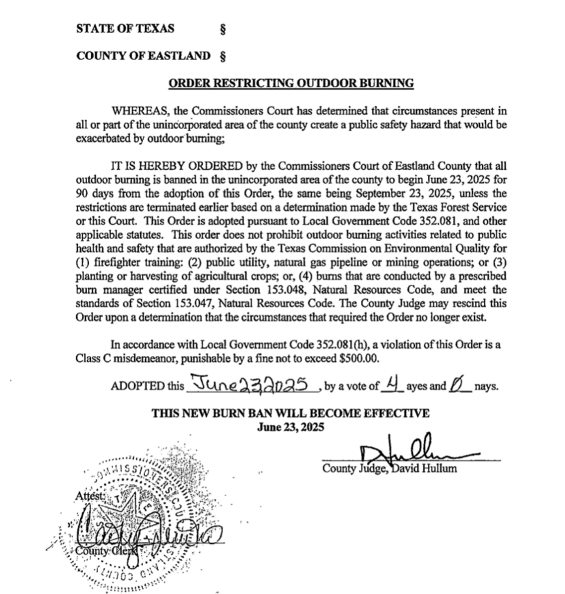 County Burn Ban in Effect