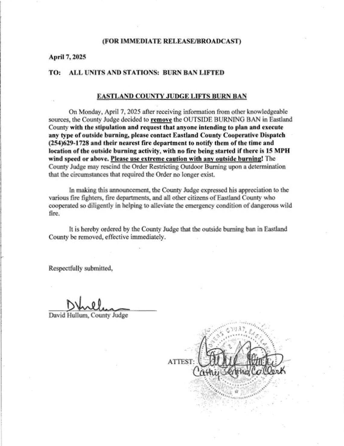 County Burn Ban Lifted