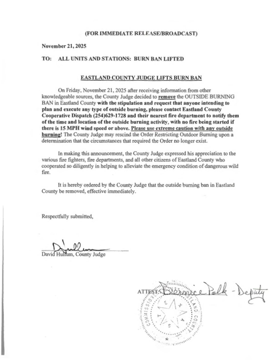 County Burn Ban Lifted