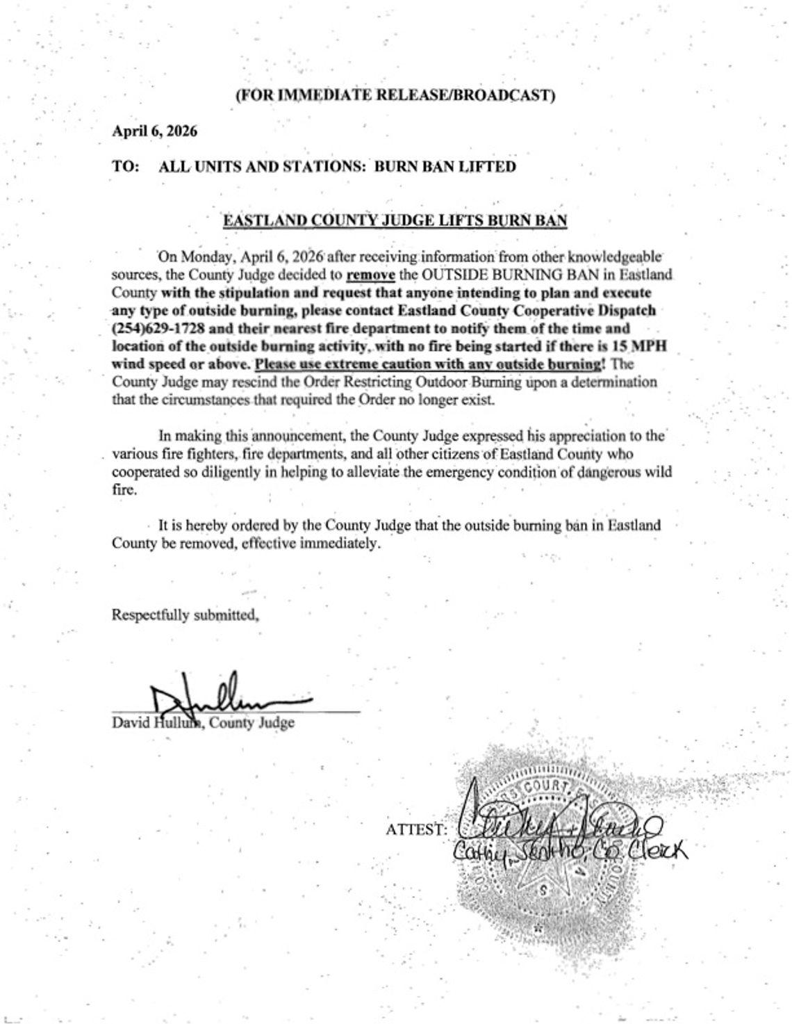 County Burn Ban Lifted County Burn Ban Lifted