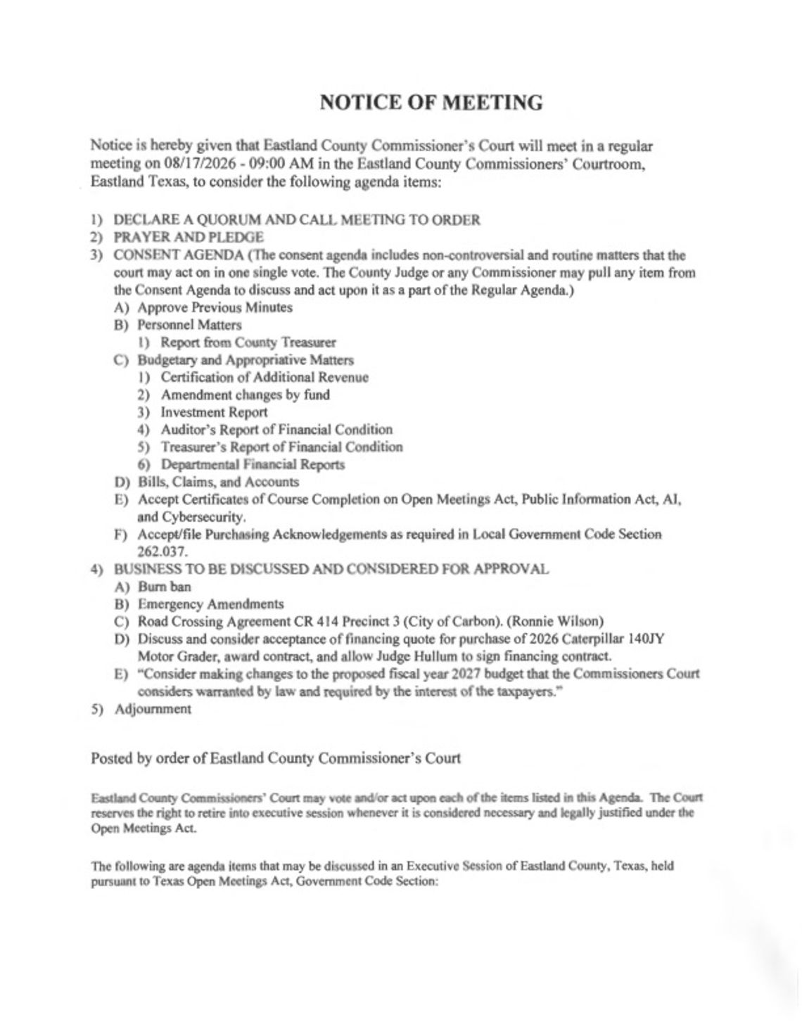 County Commissioners Court Meeting Monday, August 17 County Commissioners Court Meeting Monday, August 17