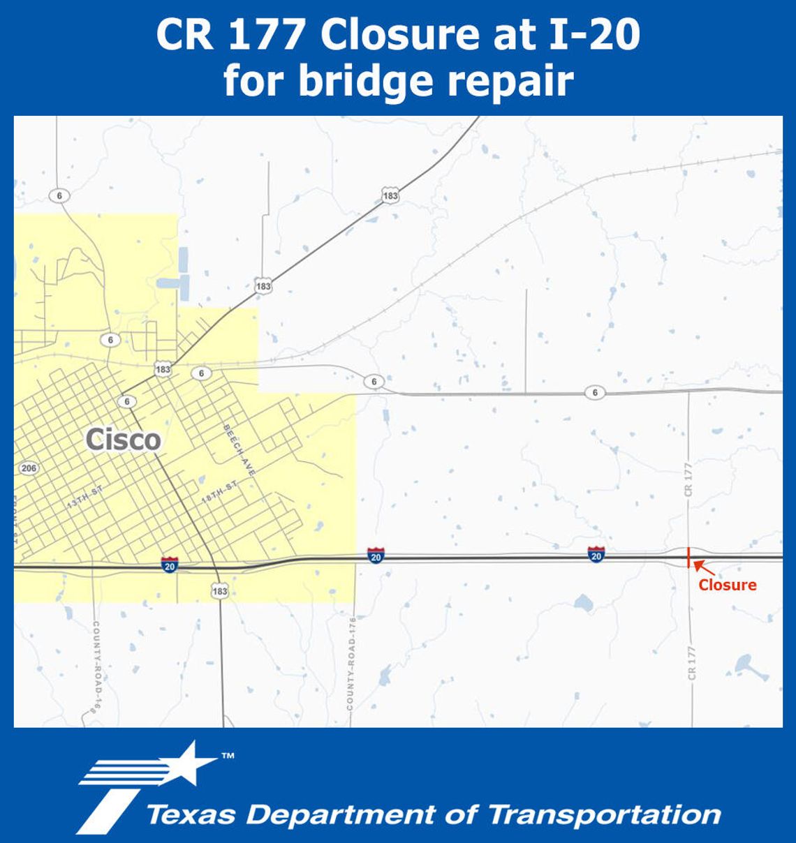 TX DOT--CR 177 Bridge at I-20 to close for repair