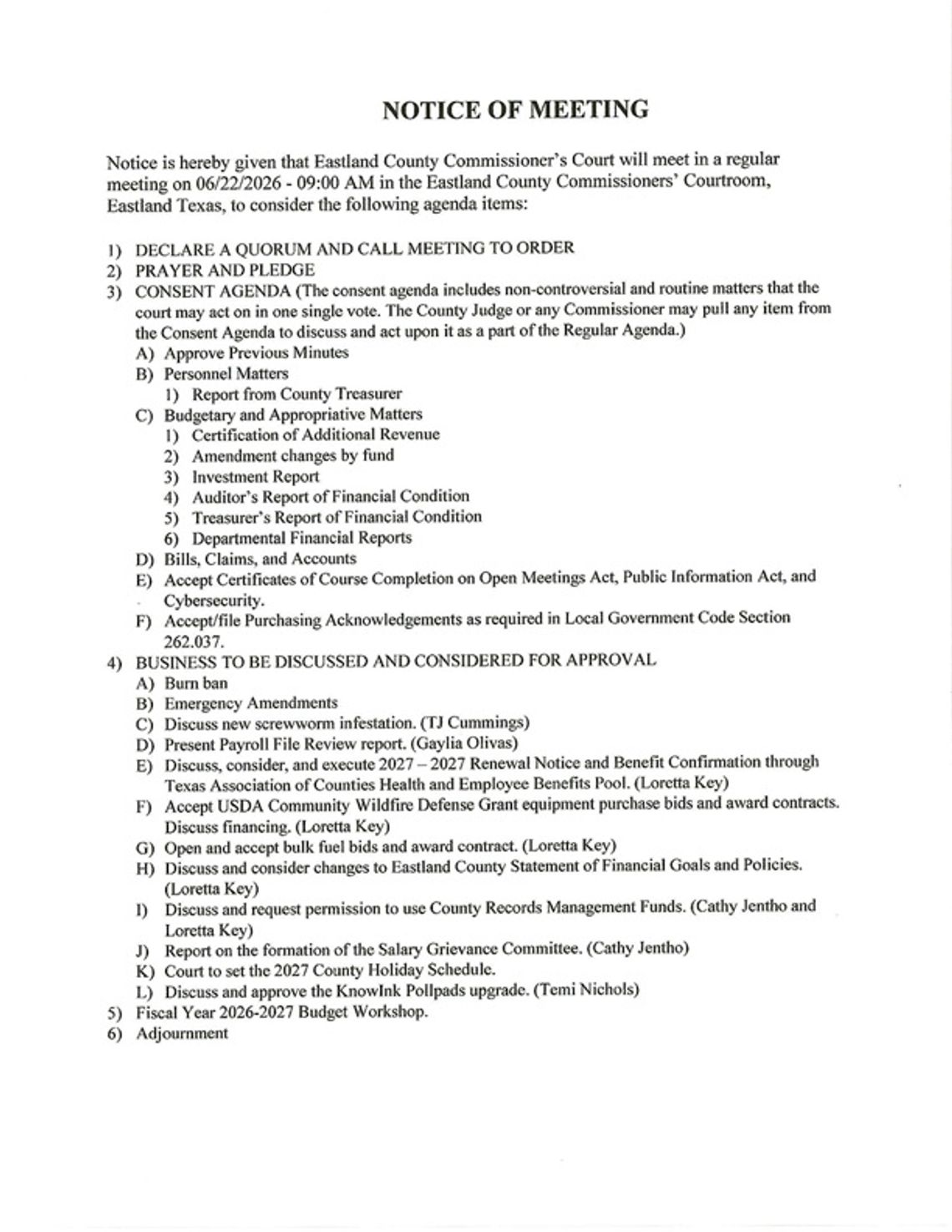 Eastland County Commissioners Meeting 6/22/26 Eastland County Commissioners Meeting 6/22/26