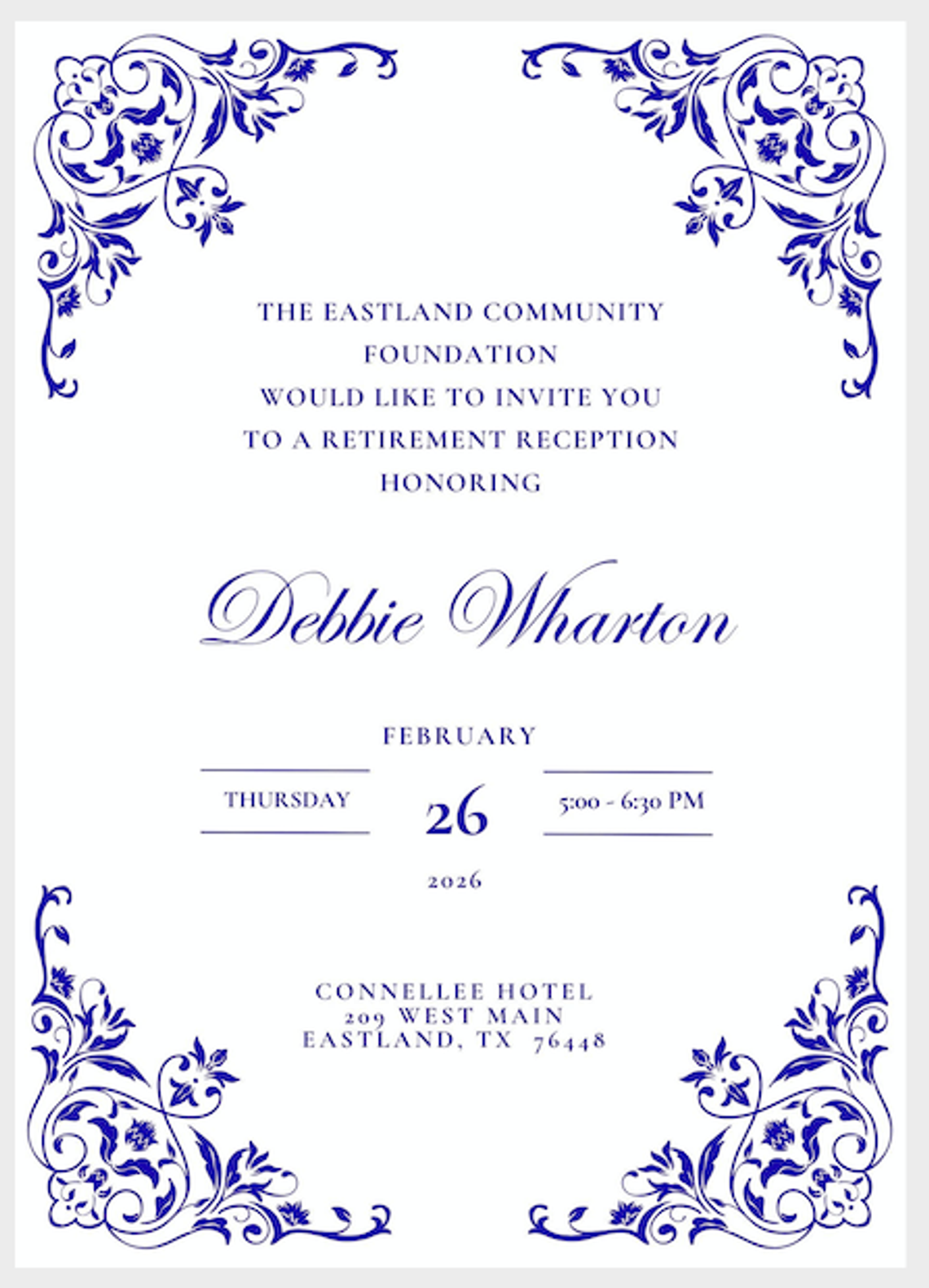Debbie Wharton Retirement Reception Thurs., Feb. 26