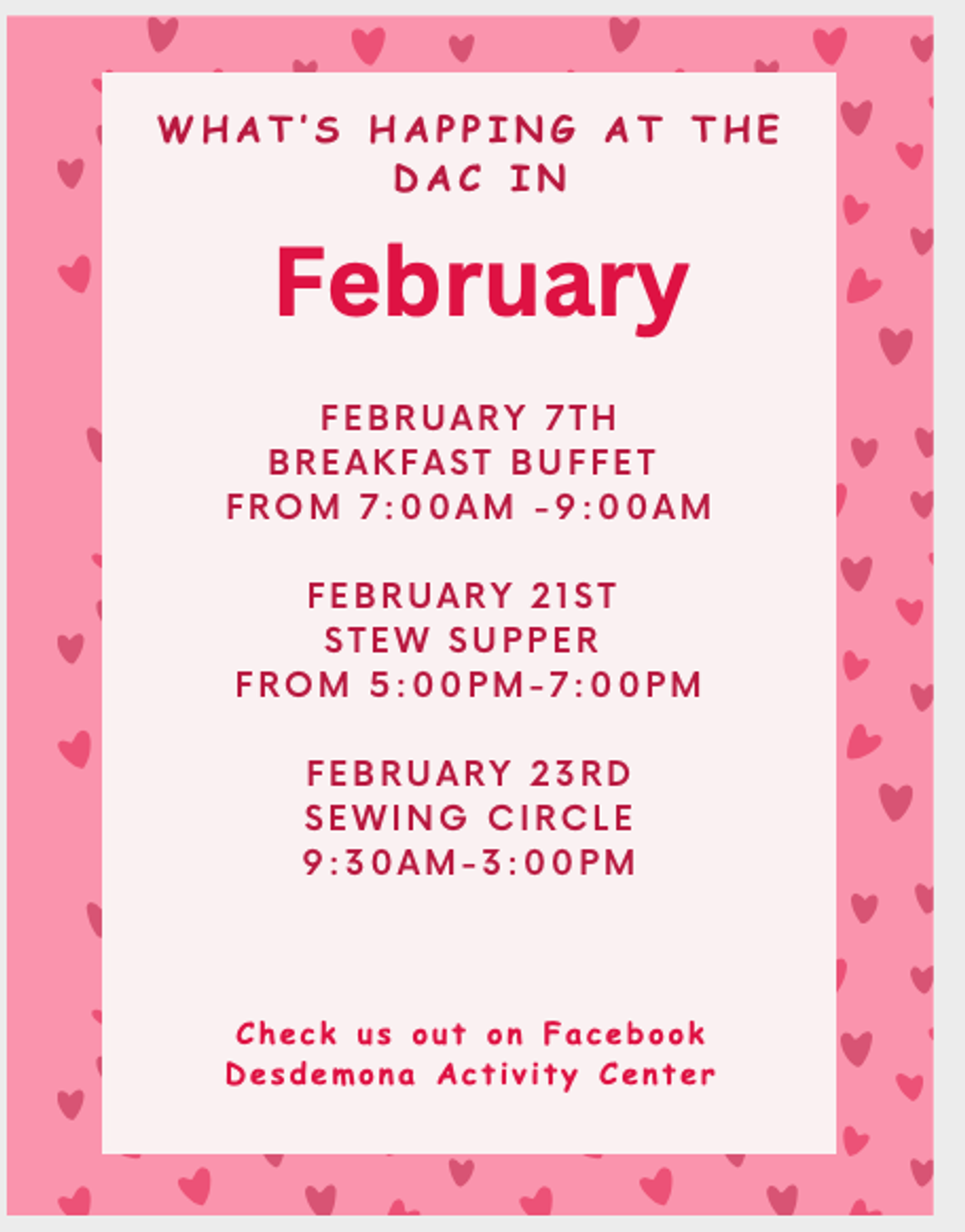 Desdemona Activity Center Activities for February