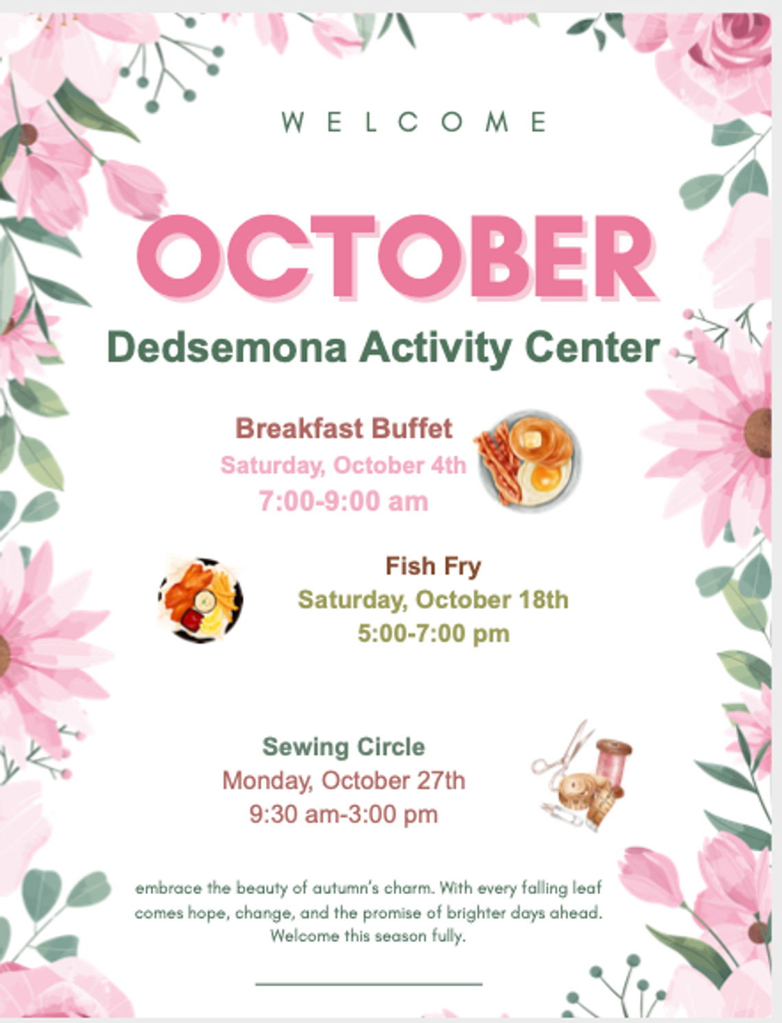 Desdemona Activity Center Activities for October
