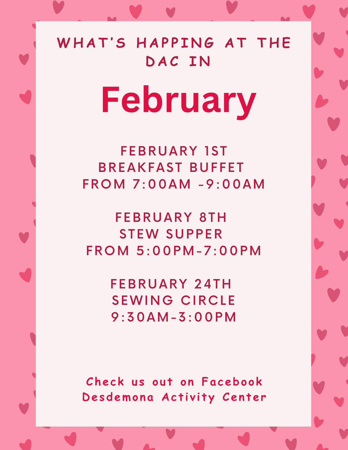 Desdemona Activity Center February Events