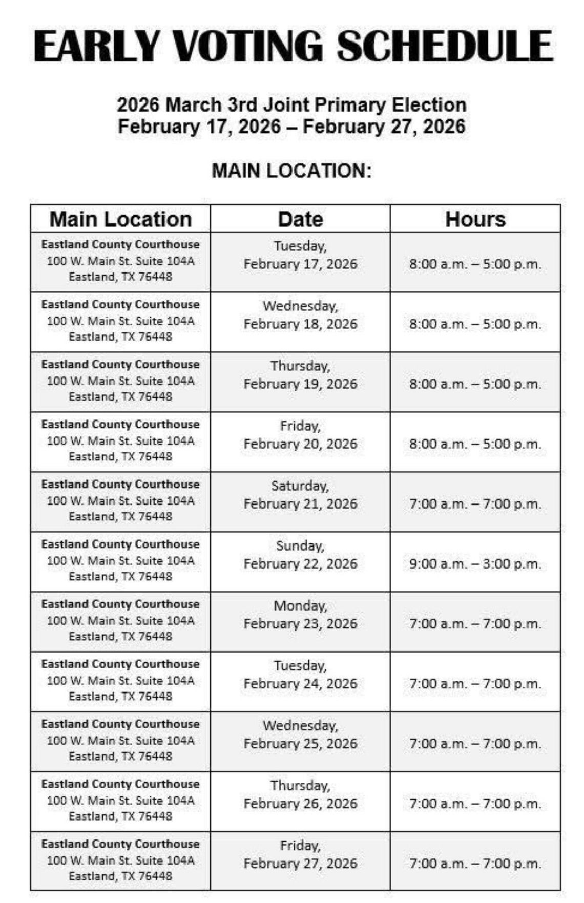 Early Voting Schedule Early Voting Schedule