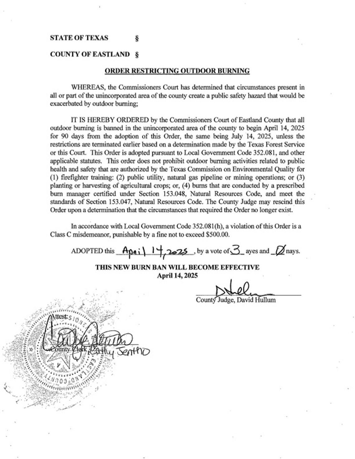 Eastland County Burn Ban in Effect