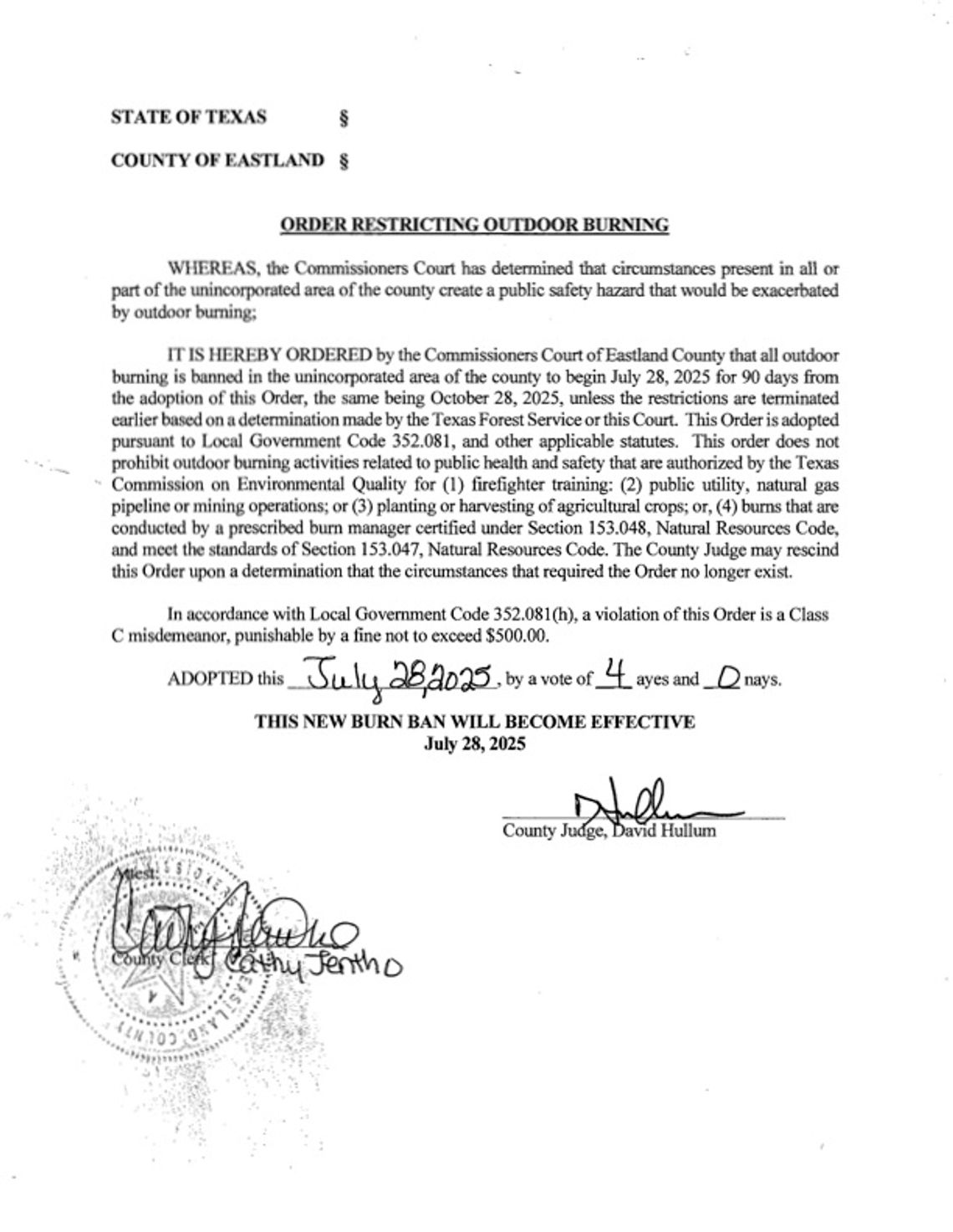 Eastland County Burn Ban in Effect
