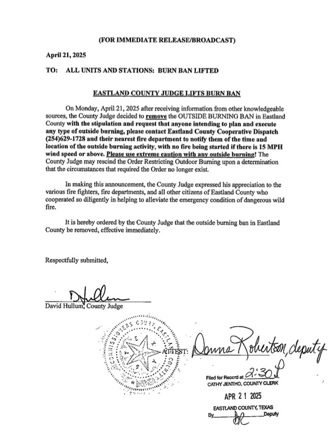 Eastland County Burn Ban Lifted