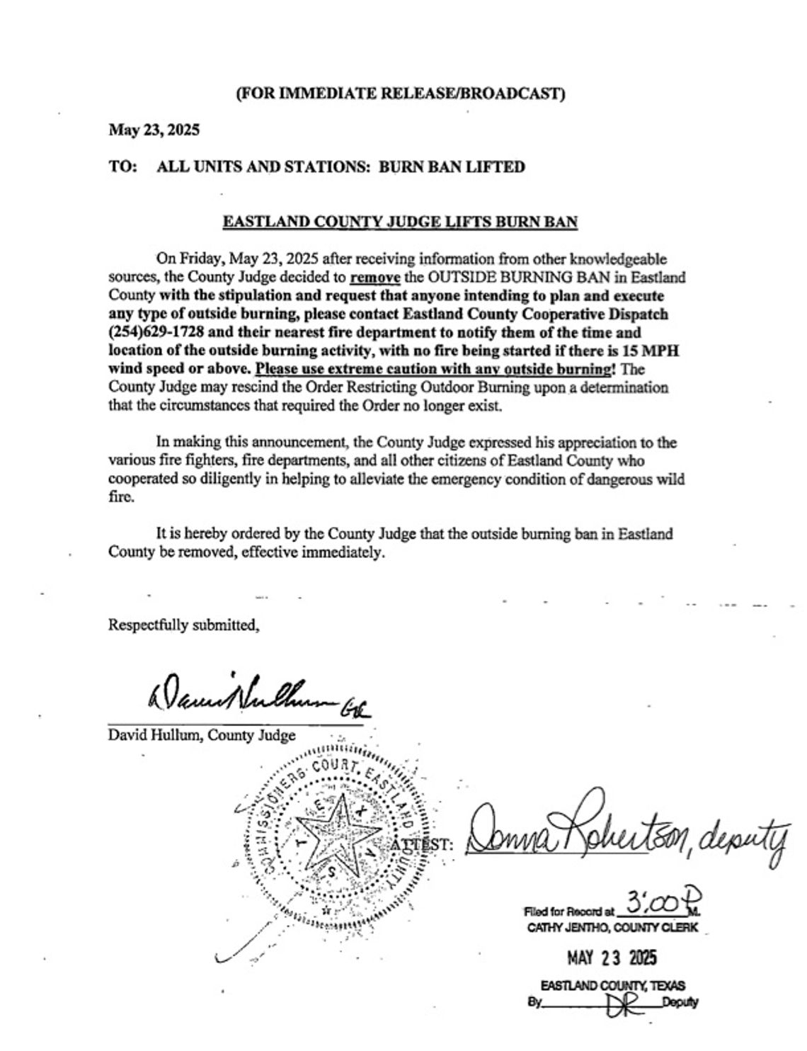 Eastland County Burn Ban Lifted