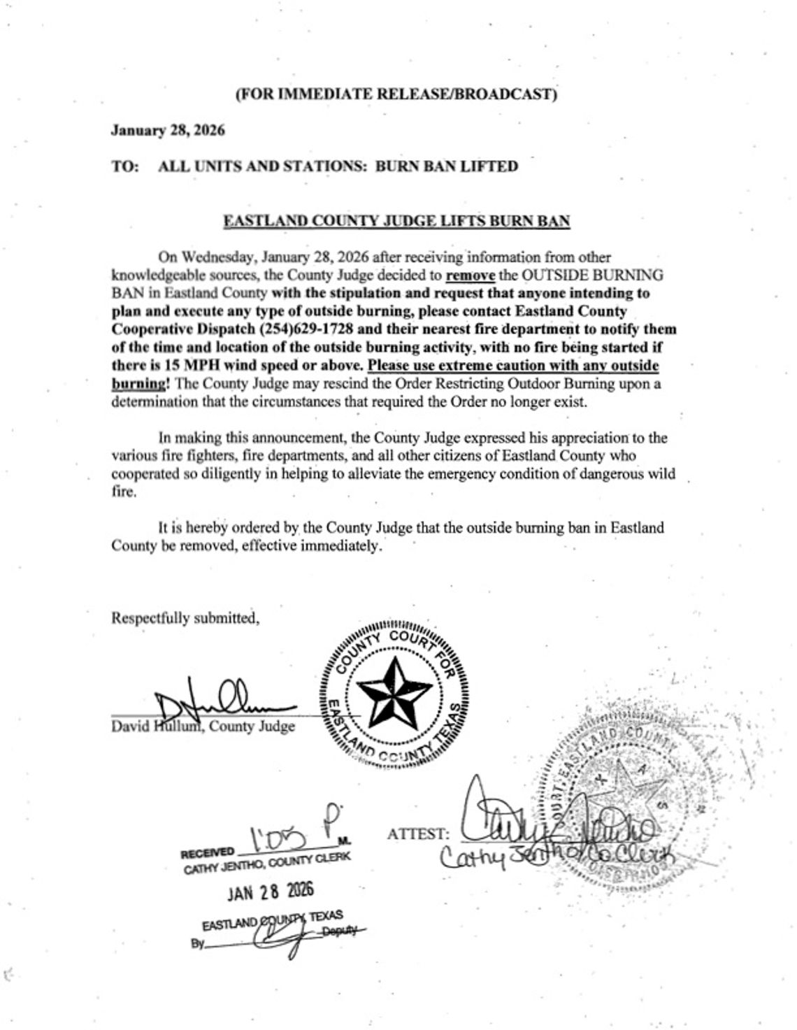 Eastland County Burn Ban Lifted