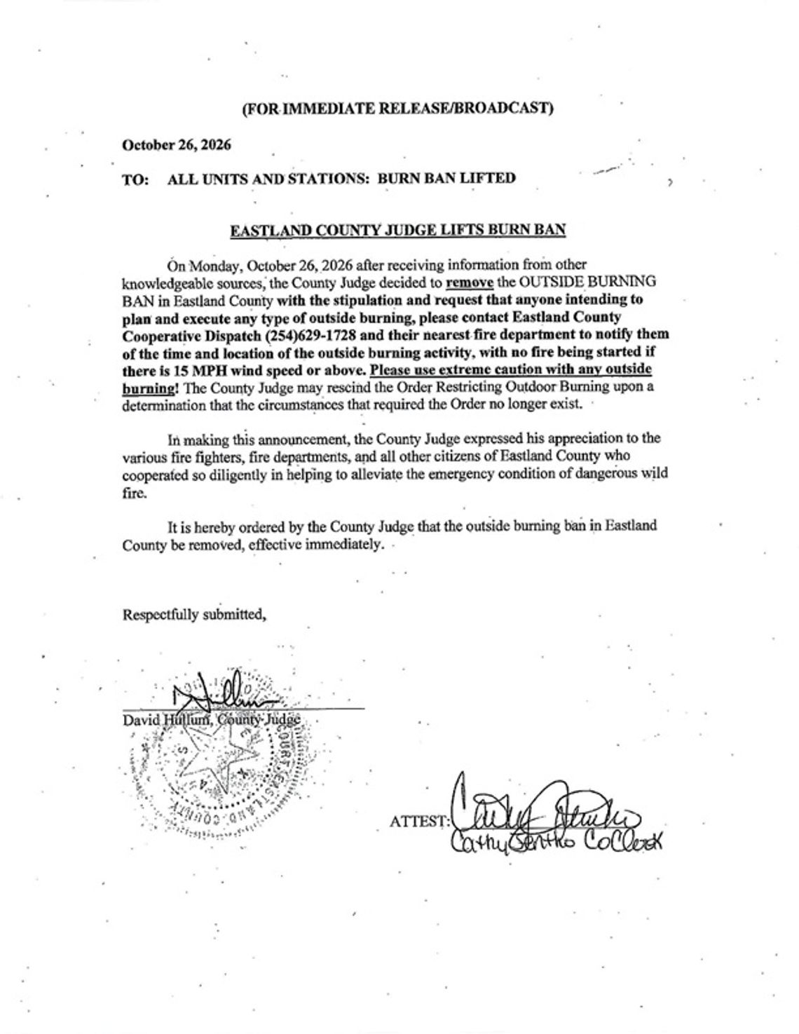 Eastland County Burn Ban Lifted Eastland County Burn Ban Lifted