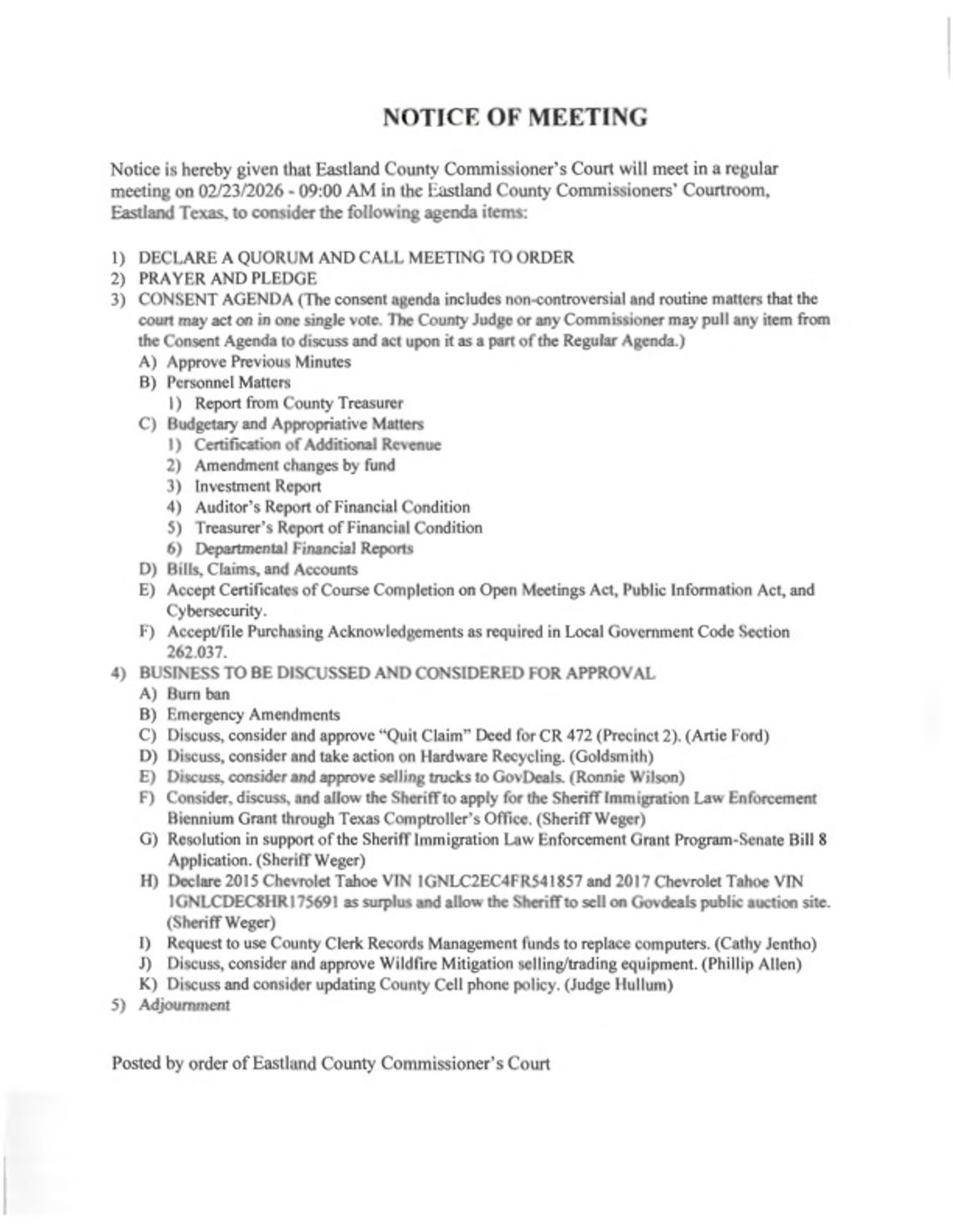 Eastland County Commissioners Court 2/23/26 at 9 AM