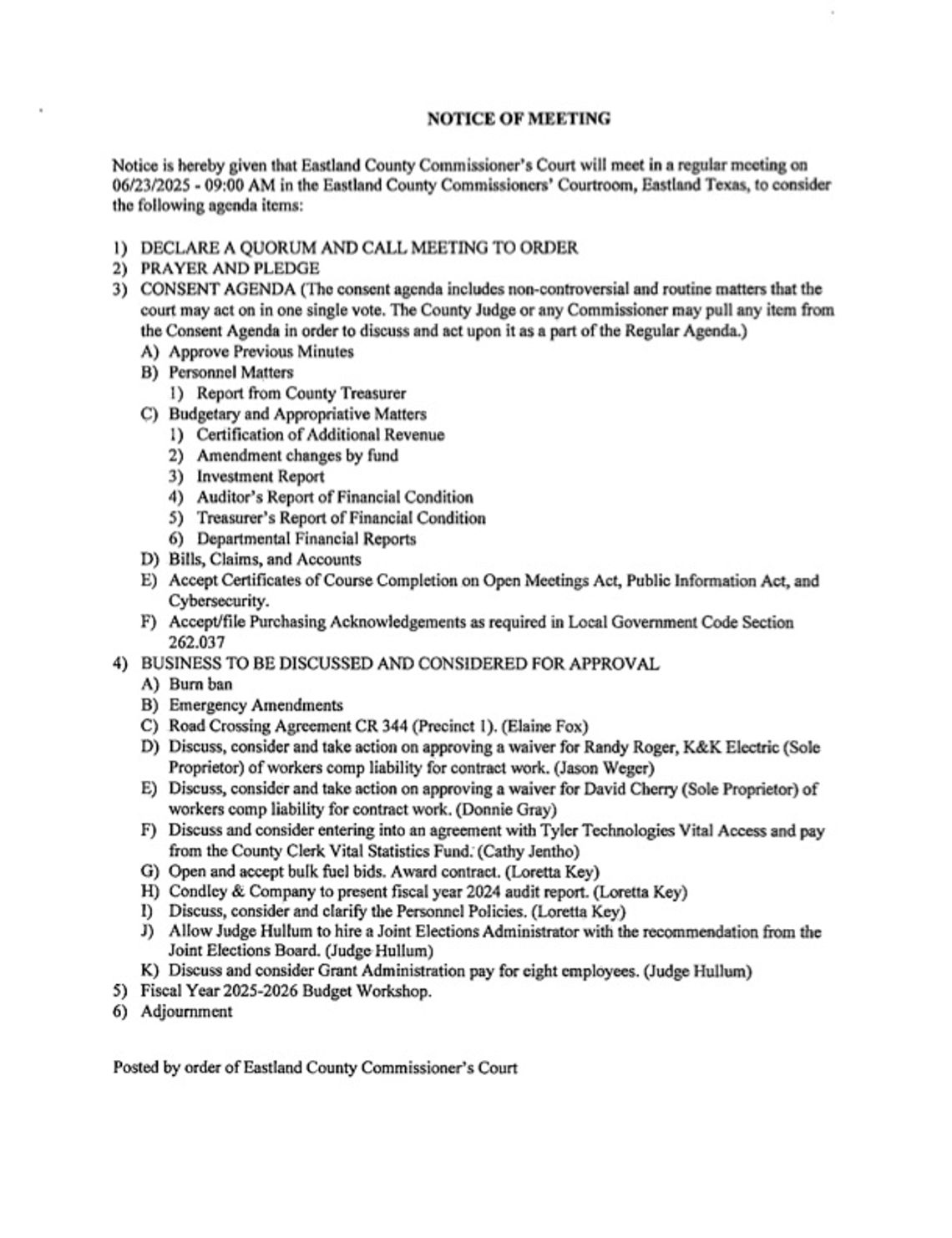 Eastland County Commissioners Court 6/23/2025