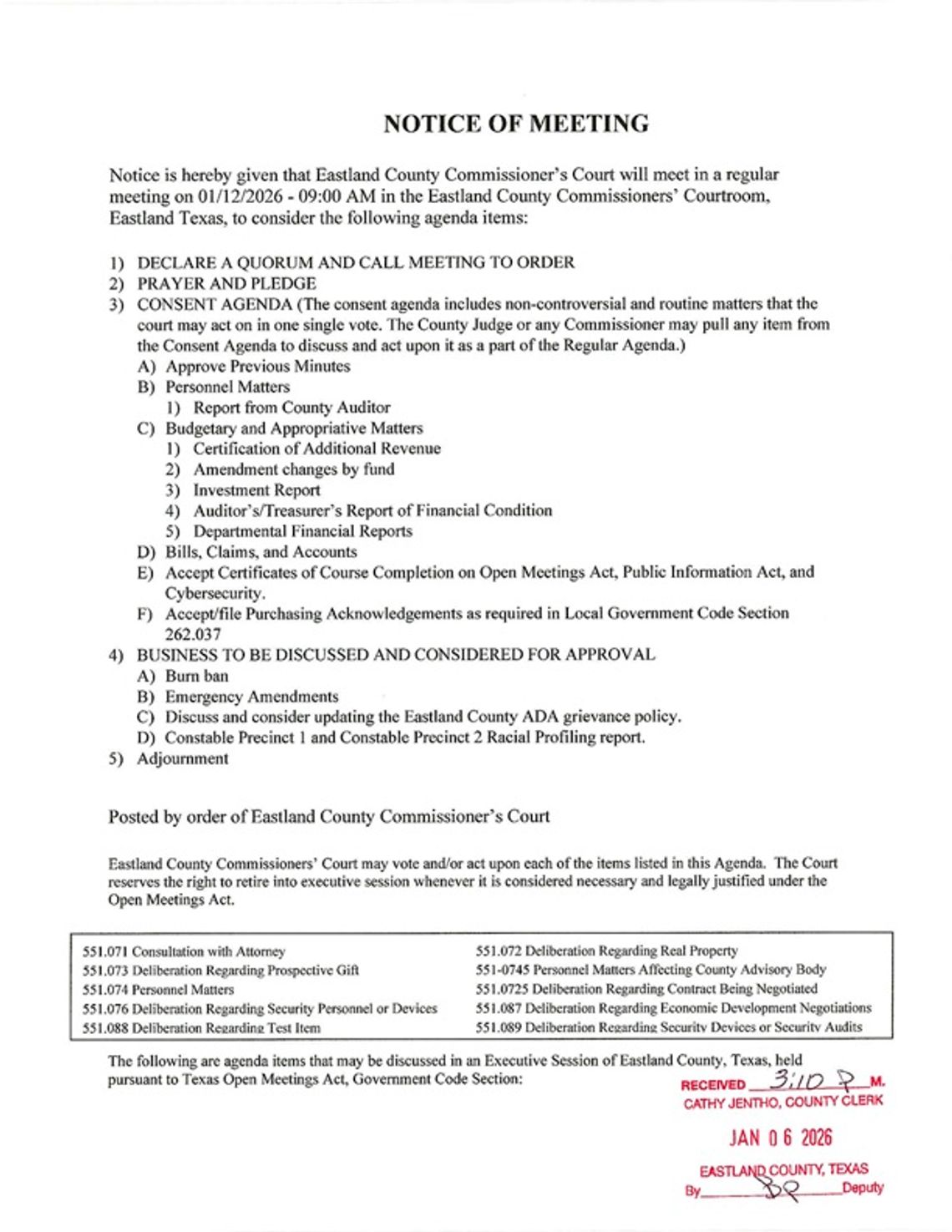 Eastland County Commissioners Court Jan. 12