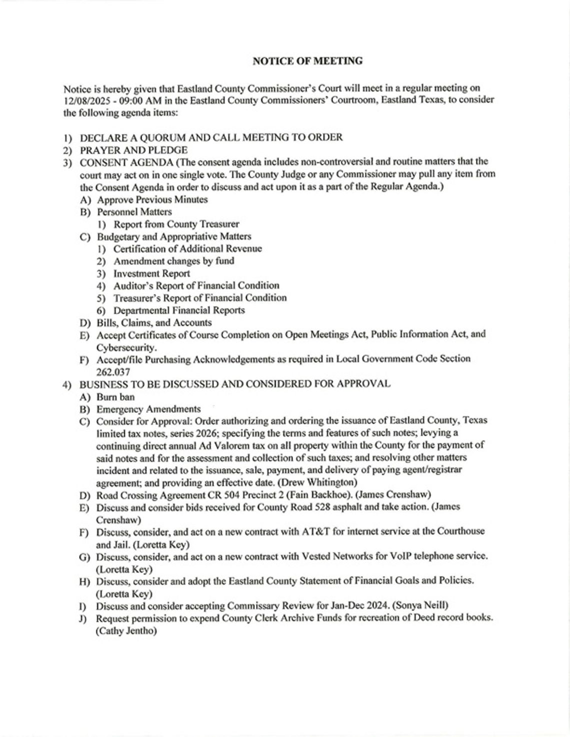 Eastland County Commissioners Court Meeting  12/8,  9 AM