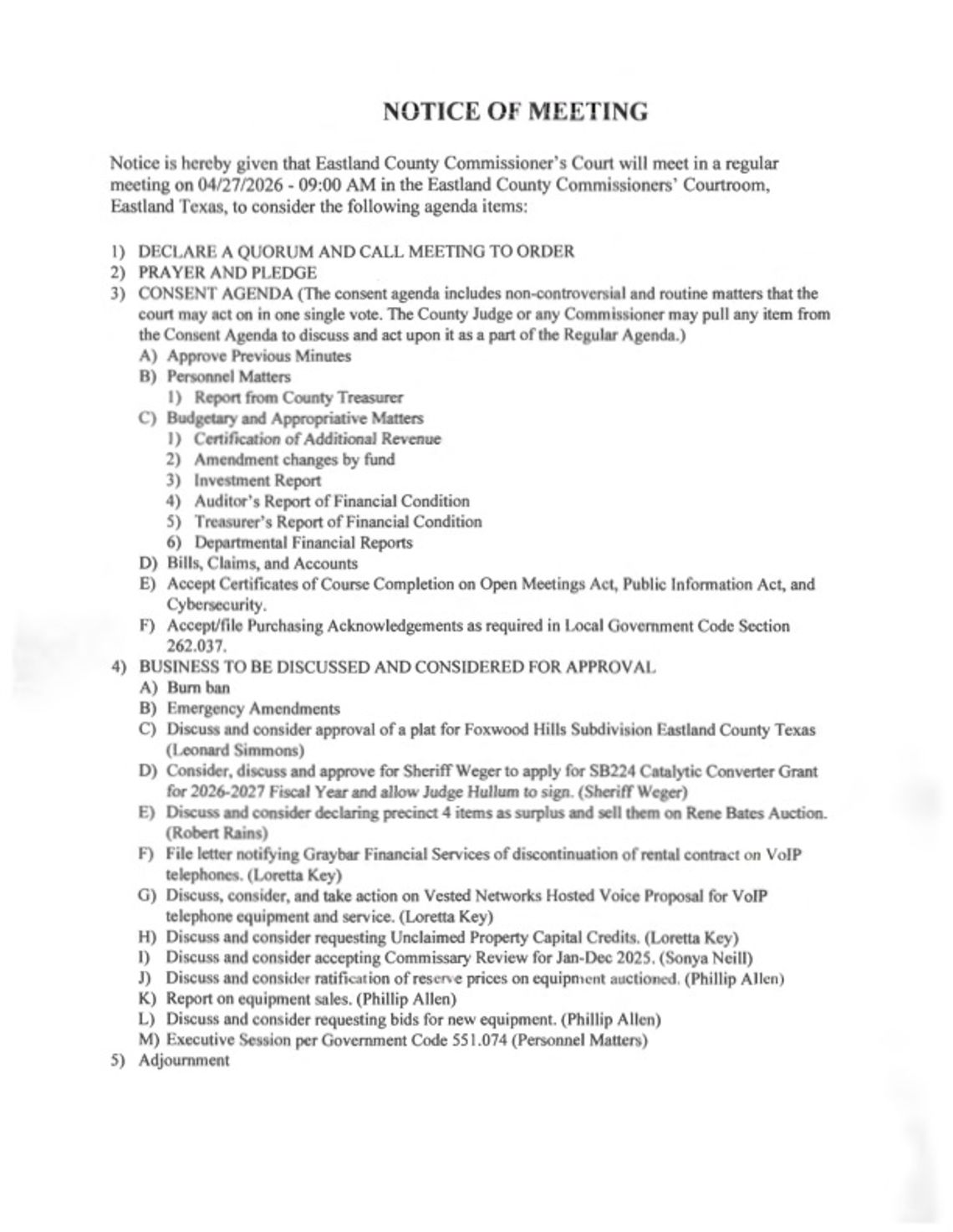 Eastland County Commissioners Court Meeting