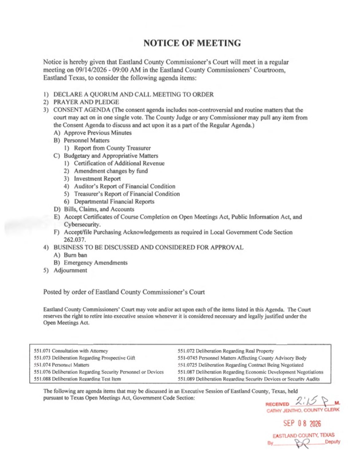 Eastland County Commissioners Court Meeting Eastland County Commissioners Court Meeting