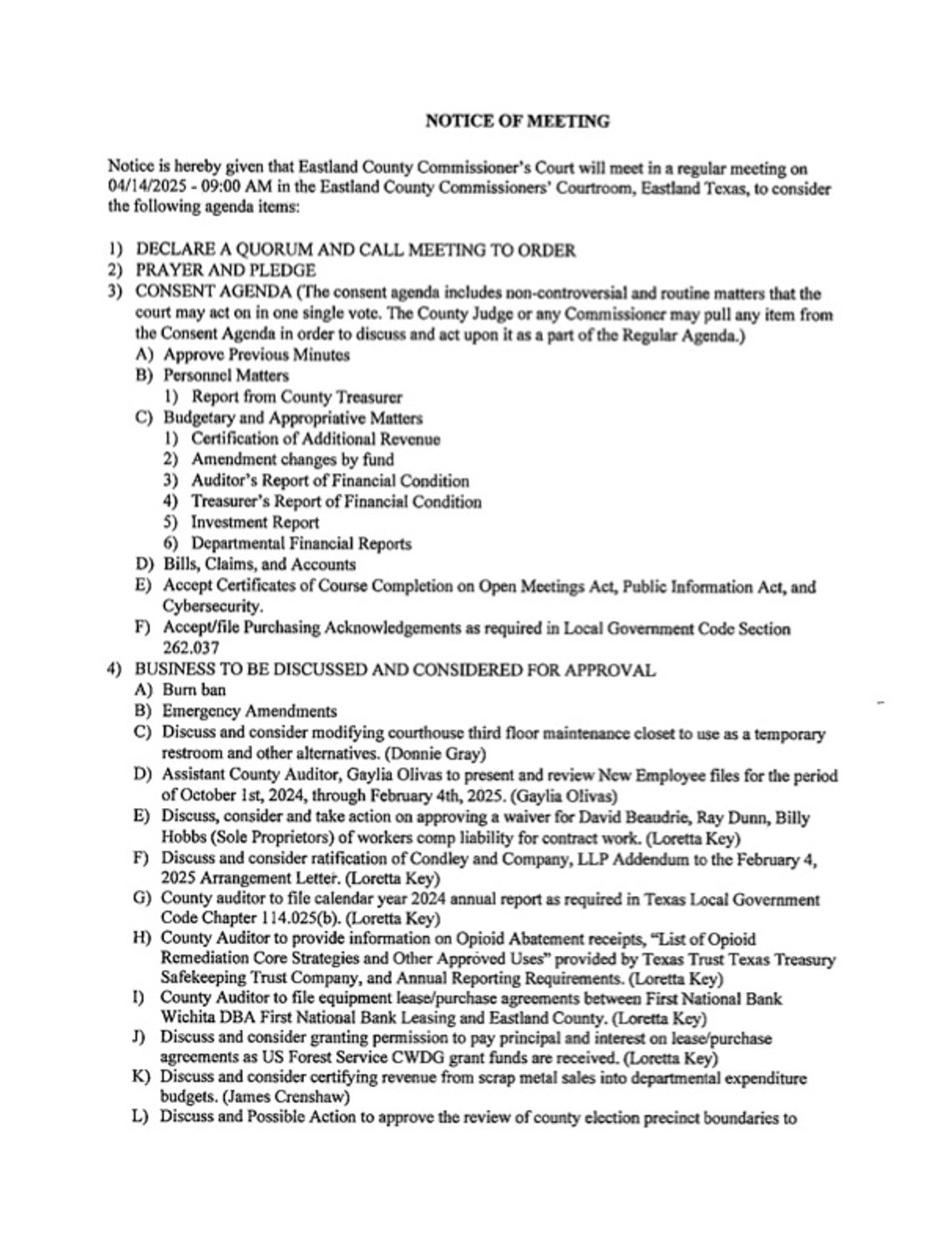 Eastland County Commissioners Court Meeting 4-14-25
