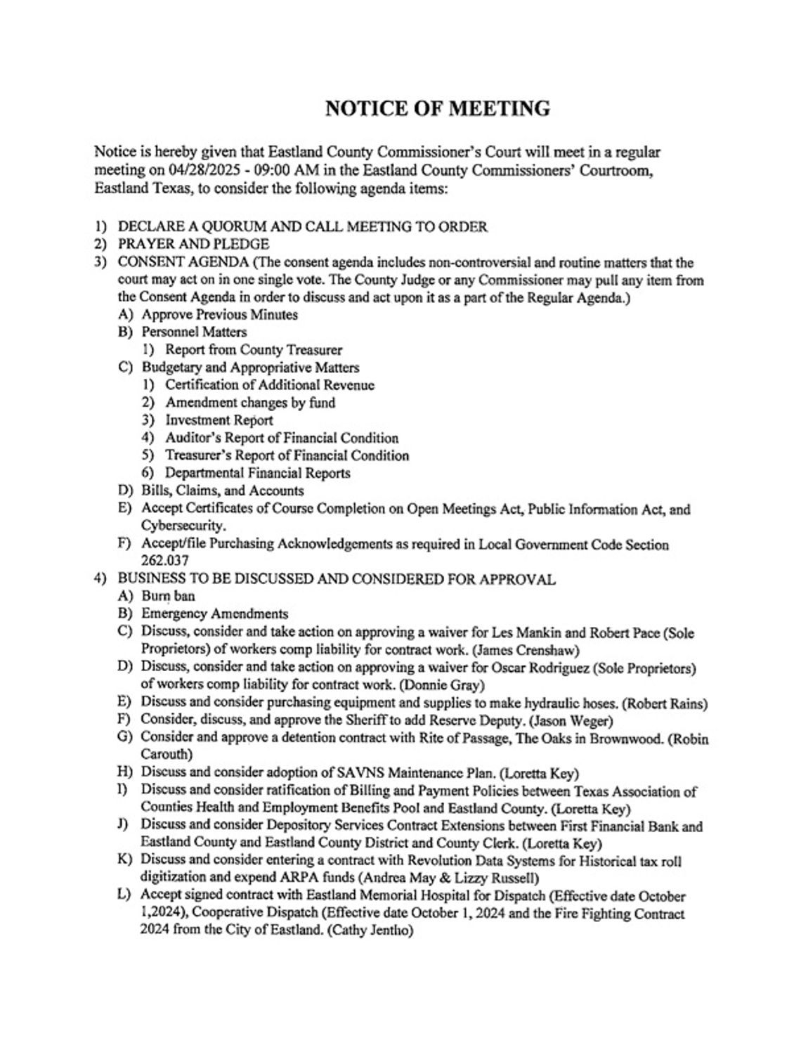 Eastland County Commissioners Court Meeting 4-28-25, 9 AM