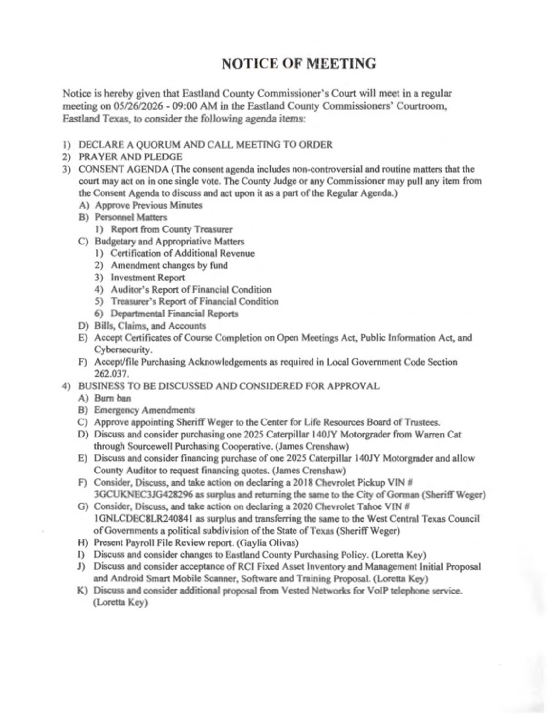 Eastland County Commissioners Court Meeting 5-26, 9 AM Eastland County Commissioners Court Meeting 5-26, 9 AM