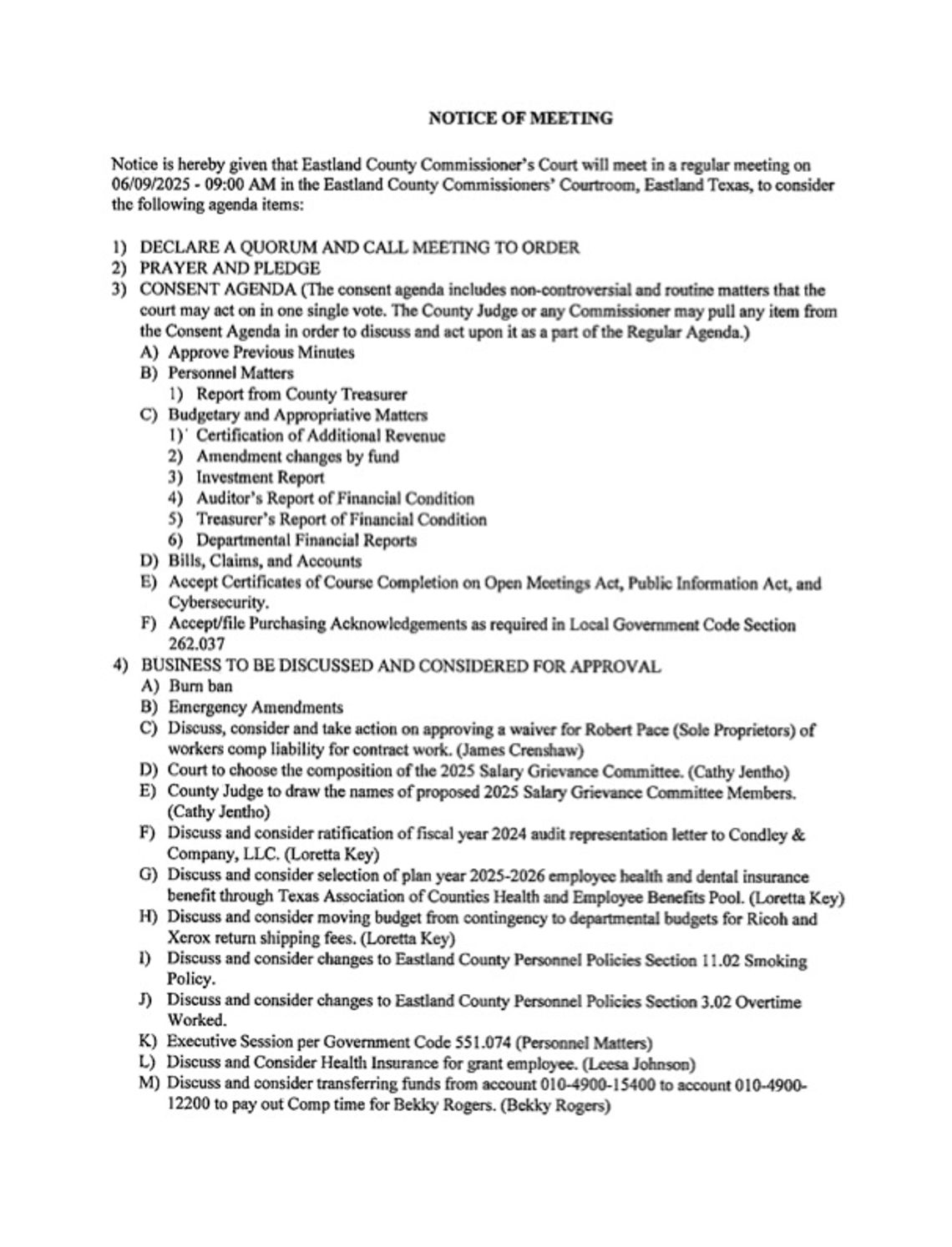 Eastland County Commissioners Court meeting 6/9/25 9 AM
