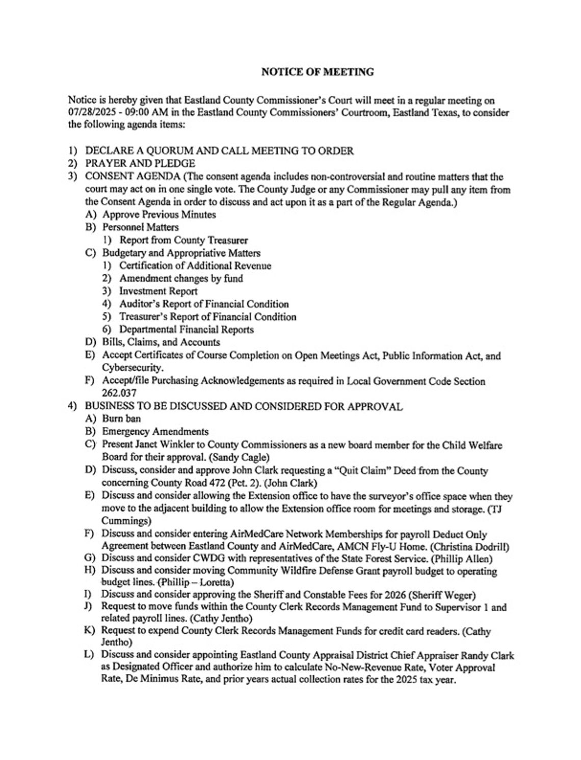 Eastland County Commissioners Court Meeting 7/28/25 at 9 AM